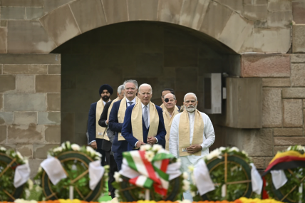 G20 leaders pay respects at the Rajghat, a Mahatma Gandhi memorial in New Delhi, India, Sunday, Sept. 10, 2023. AP/RSS Photo